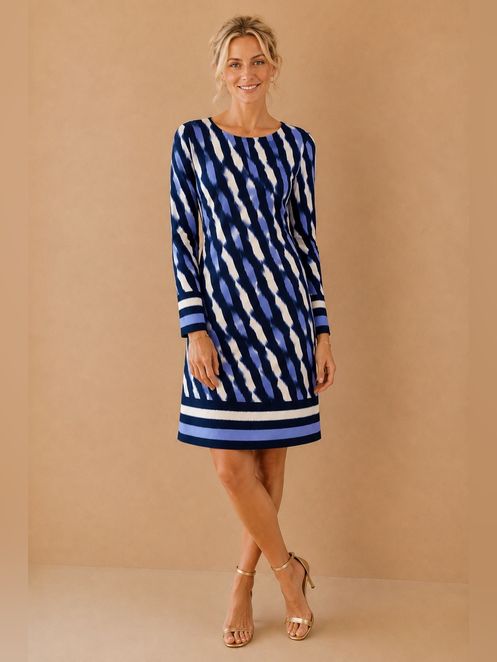 Michael Kors Blue Black White Abstract Stripe Long Sleeve Swing Shift Mini Dress